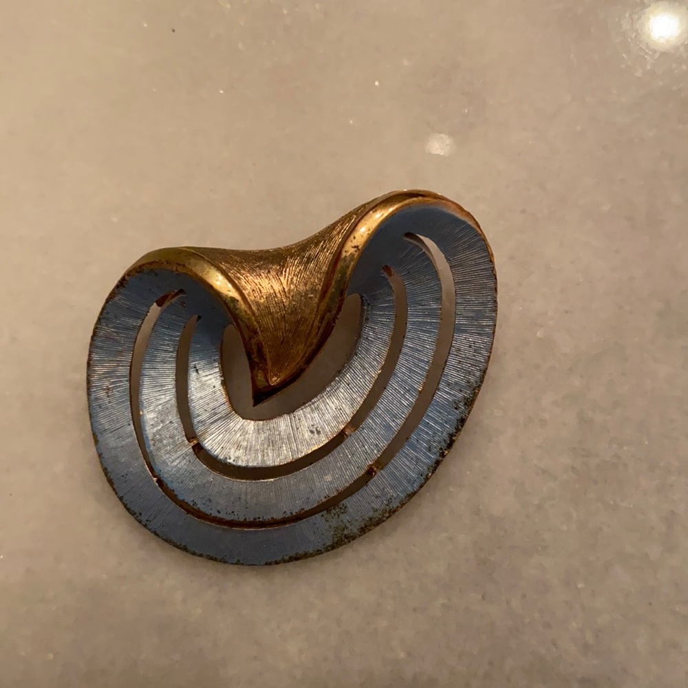 JJ Satin Finish Blue Enamel and Gold Tone Metal Abstract Swirl Brooch